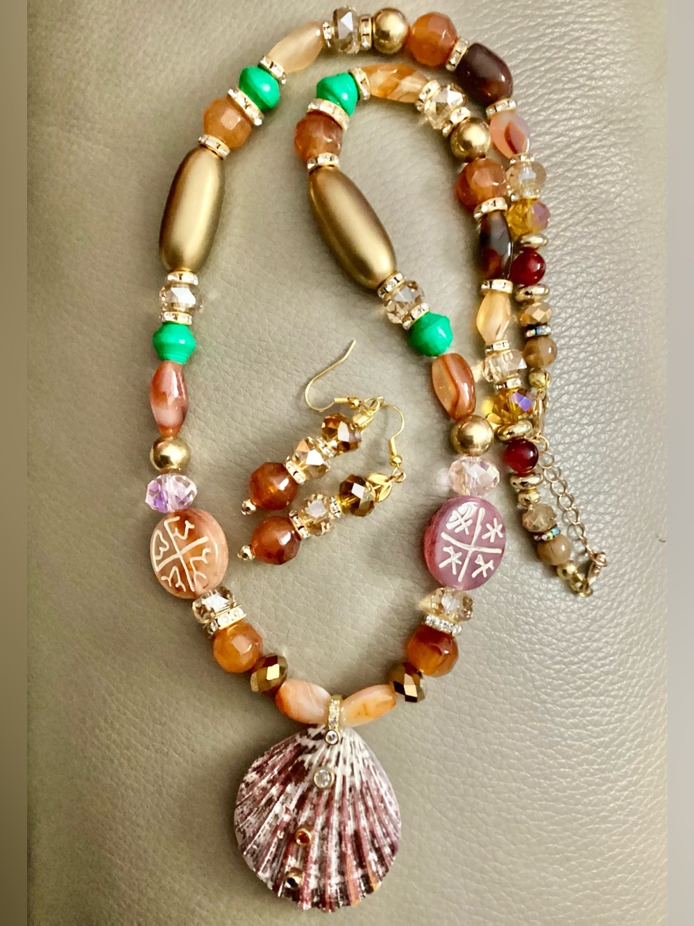 Artisan Crafted Natural Embellished Beaded Shell Necklace and Matching Earrings - Picture 7 of 9